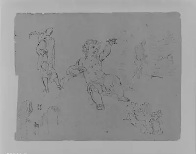 Draped Man from Rear (after Tintorietto?); Putto Making Bubbles (?); Shaded Figure in Radiance; Archway and Altar (?); Figure Composition (from Sketchbook)