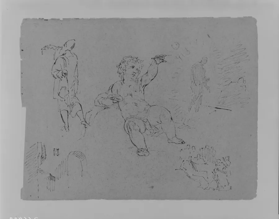 Draped Man from Rear (after Tintorietto?); Putto Making Bubbles (?); Shaded Figure in Radiance; Archway and Altar (?); Figure Composition (from Sketchbook) by Thomas Sully
