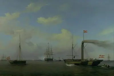 Den danske eskadre til ankers på Warnemünde rhed. Deres kongelige højheder kronprinsen og kronprinsessen ankommer på dampskibet "Kiel" til eskadren, og orlogsskibet "Christian den Ottende" begynder at salutere