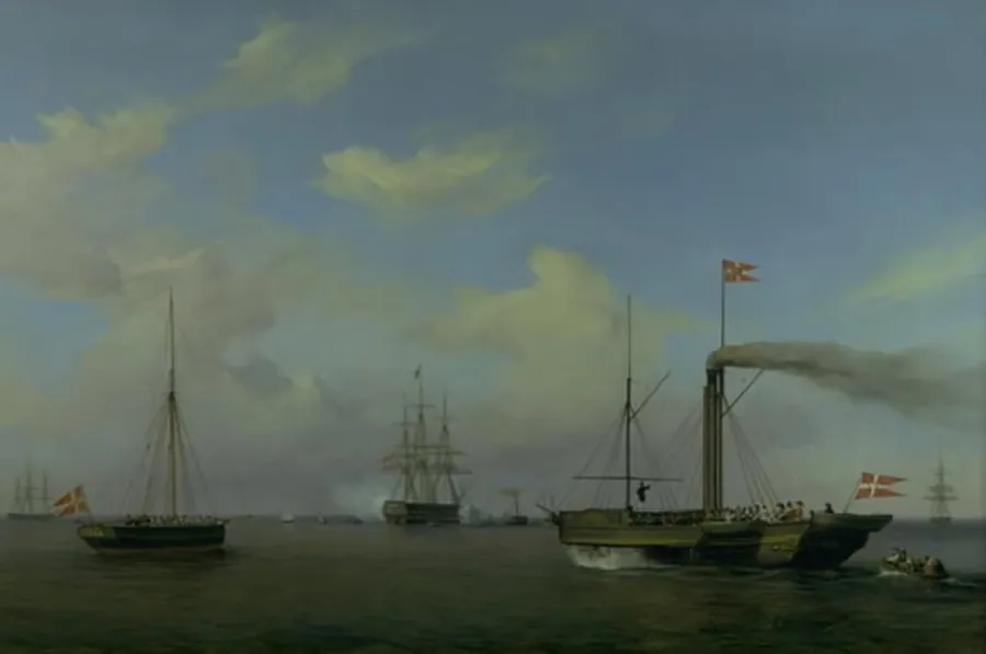 Den danske eskadre til ankers på Warnemünde rhed. Deres kongelige højheder kronprinsen og kronprinsessen ankommer på dampskibet "Kiel" til eskadren, og orlogsskibet "Christian den Ottende" begynder at salutere by Friedrich Theodore Kloss