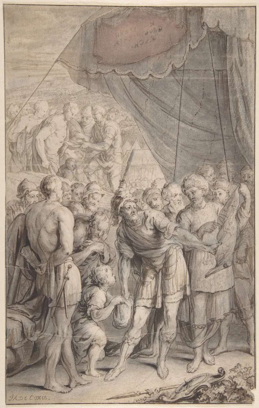 Design for a Title Page: A General and His Army Looking at a Map. by Jan Antoine Coxie