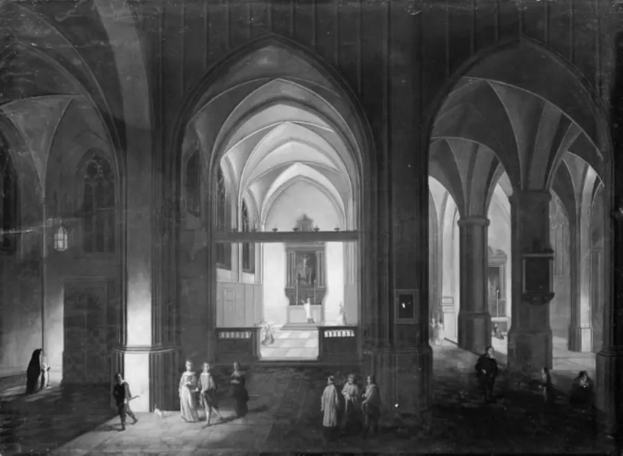 Interiør af en gotisk kirke om natten ved levende lys by Peeter Neeffs (I)