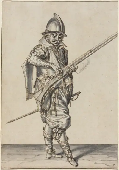 Elegantly Dressed Soldier Preparing to Fire His Caliver