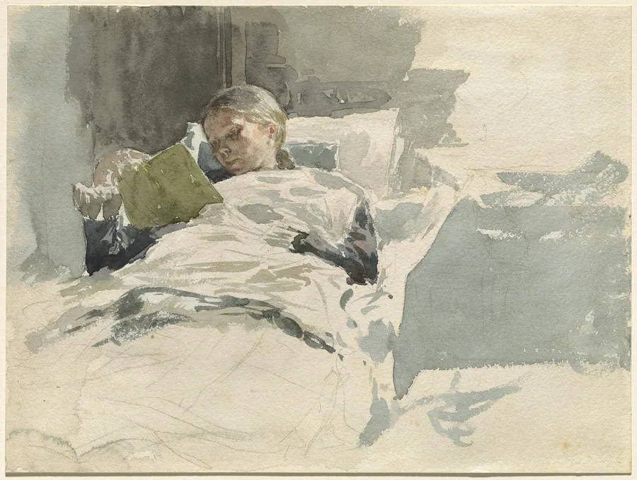 The Artist's Wife Reading in Bed by Leopold von Kalckreuth