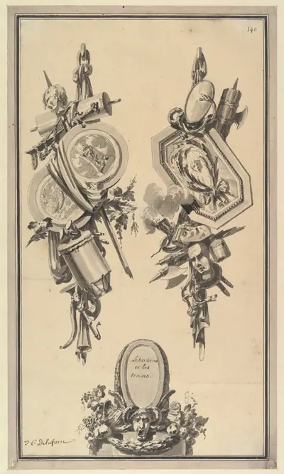 Two Designs for Trophies and a Cartouche
