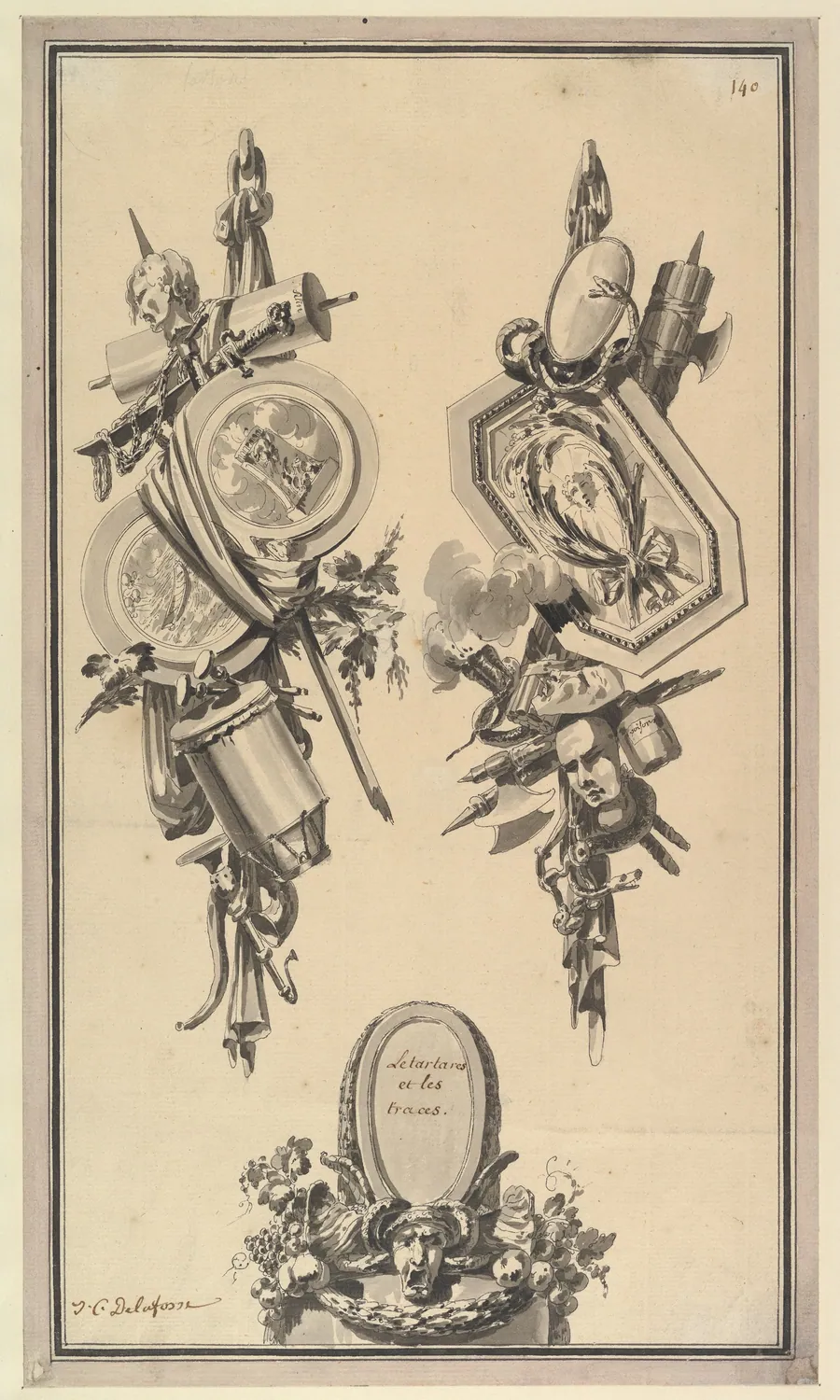 Two Designs for Trophies and a Cartouche by Jean Charles Delafosse