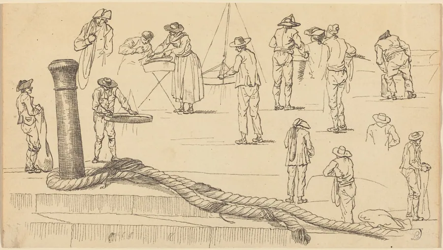 Quayside Figures and a Length of Rope Attached to a Bollard by Claude-Joseph Vernet