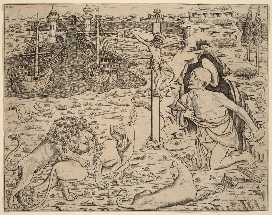 Saint Jerome in Penitence, with Two Ships in a Harbor by Italian 15th Century