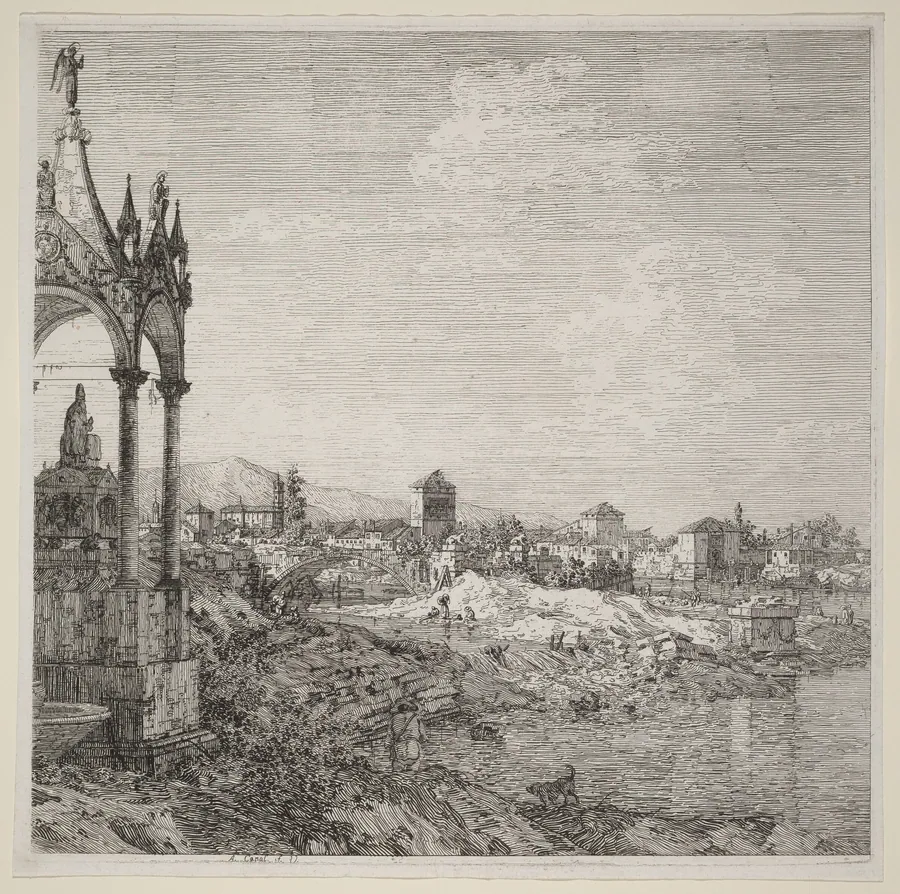 View of a Town with a Bishop's Tomb by Canaletto