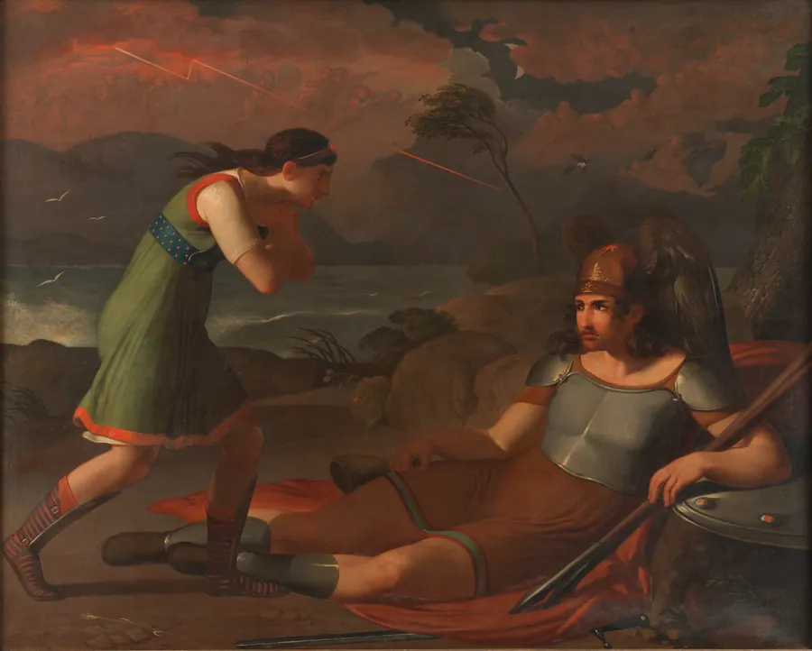 Sulmalla prøver forgæves at overtale sin elsker Cathmor til at slutte fred med Fingal by C.F. Høyer