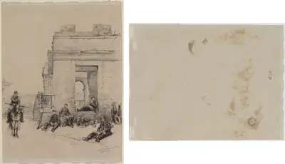Soldiers Resting (recto); Sketch of a Man with Upraised Arm and Sketch of a Helmet (verso)
