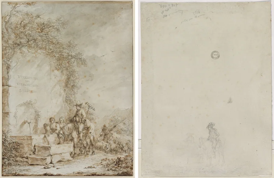 Frontispiece for an Album of Drawings: Peasants at a Fountain (recto); Sketch of Peasants at a Fountain (verso) by Dirk Langendijk