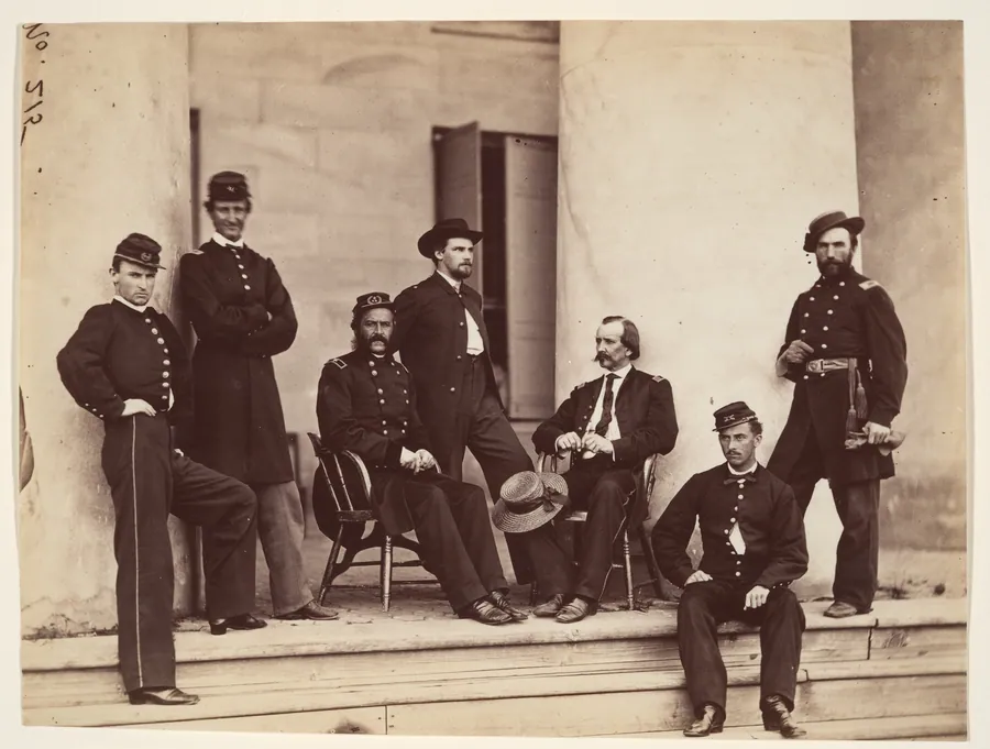 Brigadier General Gustavus A. DeRussy and Staff on Steps of Arlington House, Arlington, Virginia by Alexander Gardner