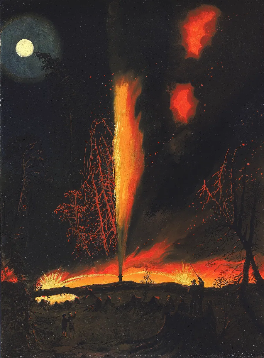 Burning Oil Well at Night, near Rouseville, Pennsylvania by James Hamilton, born near Belfast, Ireland 1819-died San Francisco, CA 1878
