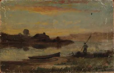 Untitled (landscape, boat moored near bank with man walking)
