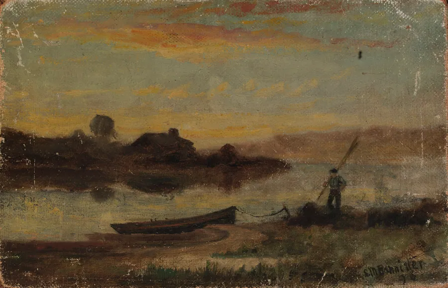 Untitled (landscape, boat moored near bank with man walking) by Edward Mitchell Bannister, born St. Andrews, New Brunswick, Canada 1828-died Providence, RI 1901