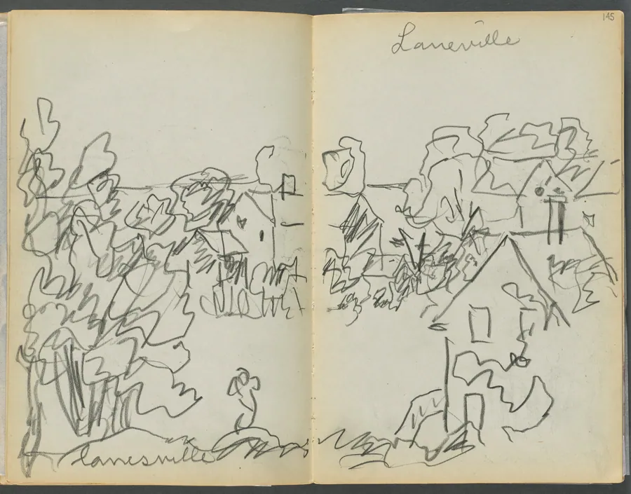 Sketchbook- The Granite Shore Hotel, Rockport, page 144 & 145: "Lanesville" by Maurice Prendergast