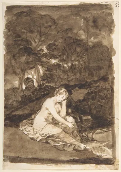 A partly naked woman seated by a stream; page 32 from the 'Images of Spain' album (F)