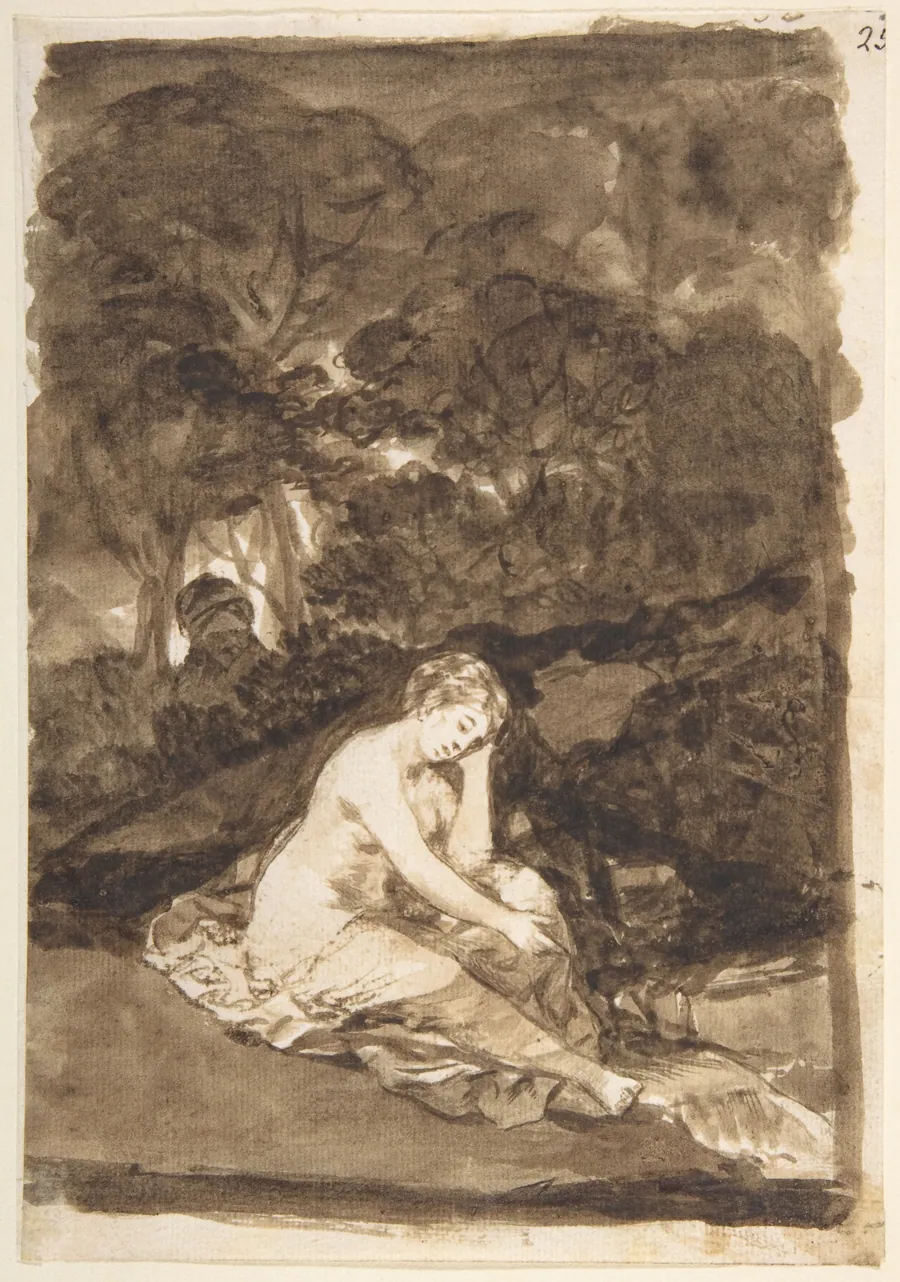 A partly naked woman seated by a stream; page 32 from the 'Images of Spain' album (F) by Goya (Francisco de Goya y Lucientes)