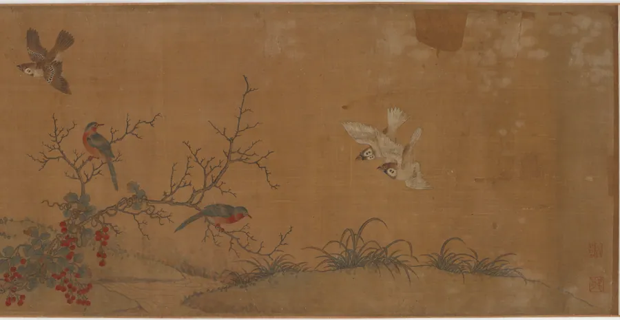 Rabbits, birds, and flowers by Formerly attributed to Qian Xuan 錢選 (late 13th century)