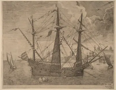 Armed Three-Master Anchored near a City
