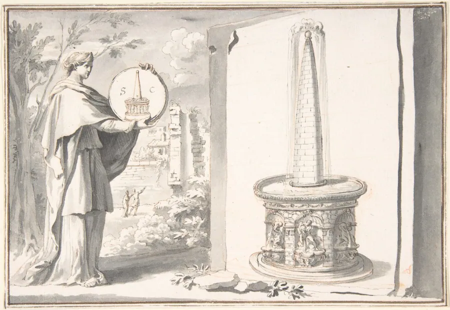 Female Figure Holding a Coin and Image of a Fountain by Jan Goeree