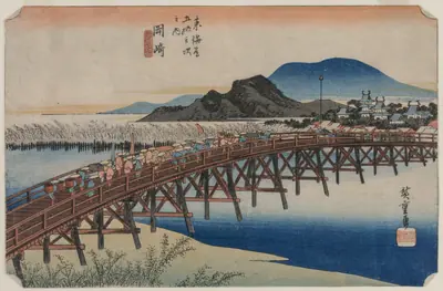 Yahagi Bridge at Okazaki (Station 39),  From the series Fifty-Three Stations of the Tokaido