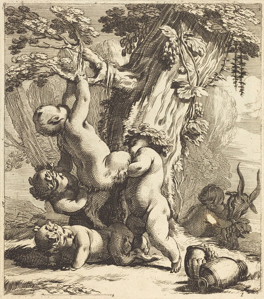 Putti and Fauns Climbing a Grapevine by Michel Dorigny