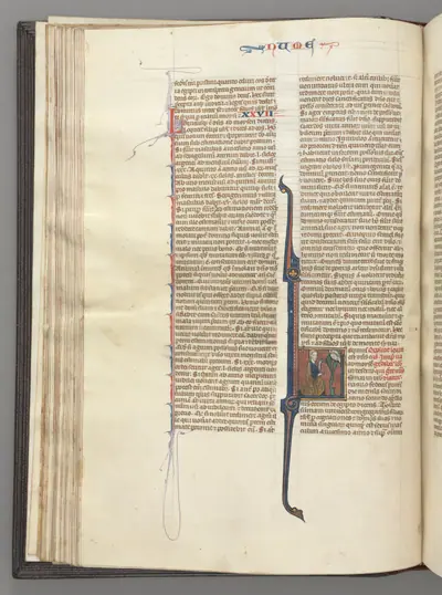 Fol. 46v, Numbers, historiated initial L, Moses with horns, kneeling before God