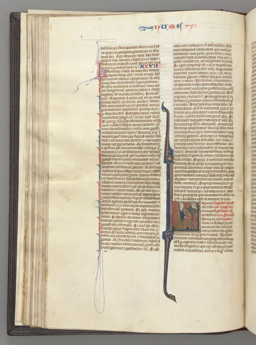 Fol. 46v, Numbers, historiated initial L, Moses with horns, kneeling before God