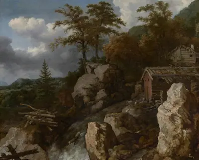 Waterfall with Log Cabins