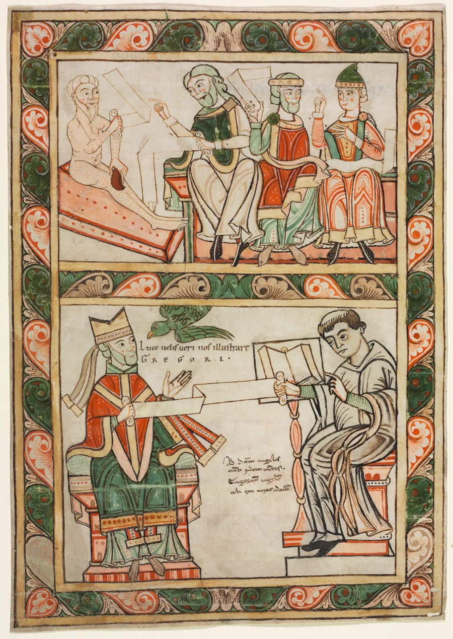 Title Page of St. Gregory's "Moralia": Job Visited by His Three Friends (above) and Gregory the Great and His Deacon Peter (below) by Abbot Frowin