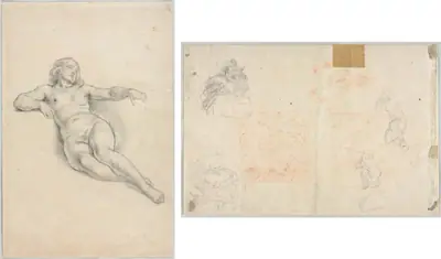 Reclining Female Nude (recto); Various Sketches of Figures and Plants (verso)