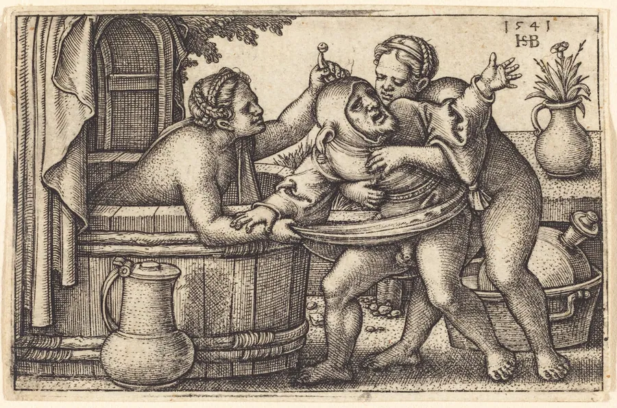 Fool and Two Bathing Women by Sebald Beham