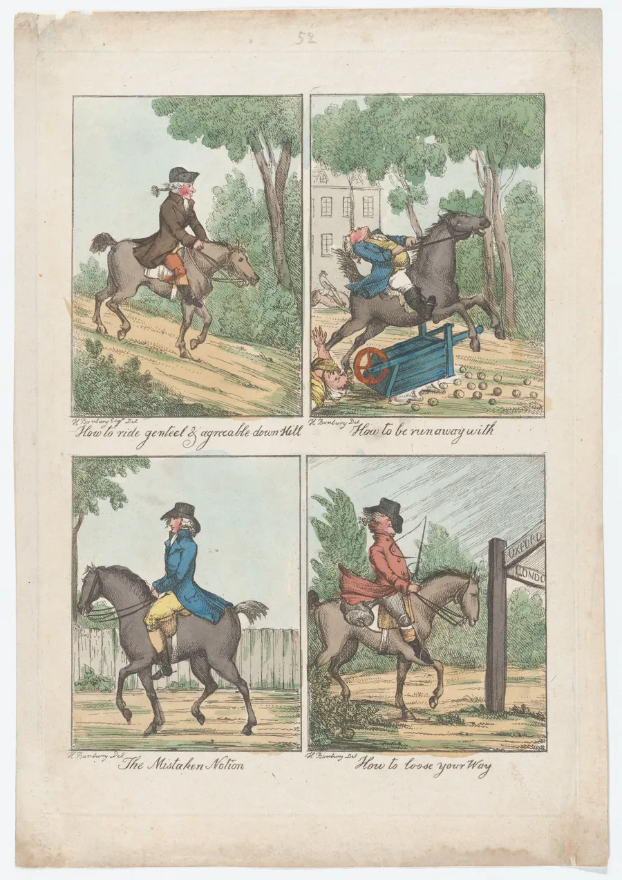 Four Scenes: How to Ride Genteel & Agreeable Down Hill; How to be Run Away With; The Mistaken Notion; How to Loose Your Way by Henry William Bunbury