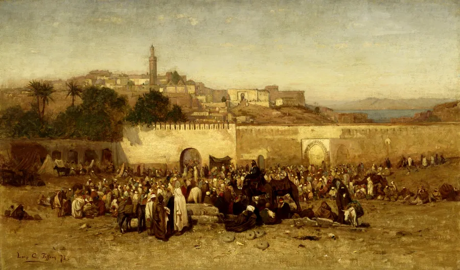 Market Day Outside the Walls of Tangiers, Morocco by Louis Comfort Tiffany, born New York City 1848-died New York City 1933