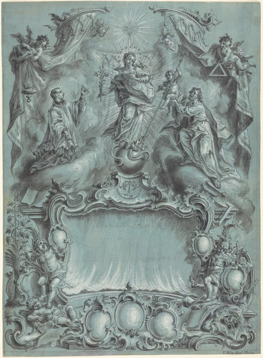 An Elaborate Rococo Setting with the Virgin and Child and Saints Defeating Evil, Heresy, and Profane Love by Vitus Felix Rigl