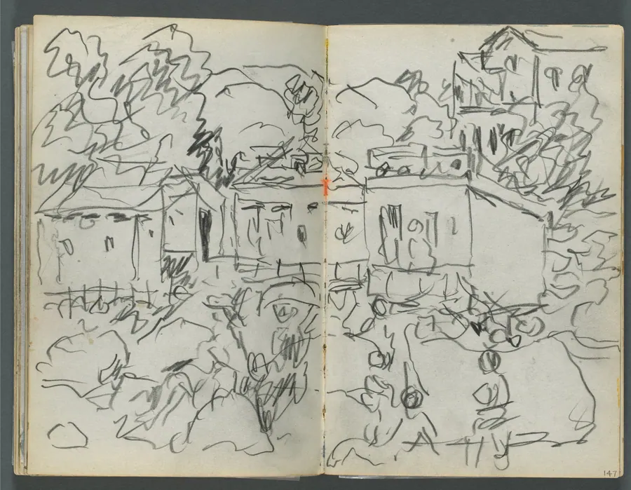 Sketchbook, The Dells, N° 127, page 146 & 147: Landscape with figures and buildings by Maurice Prendergast