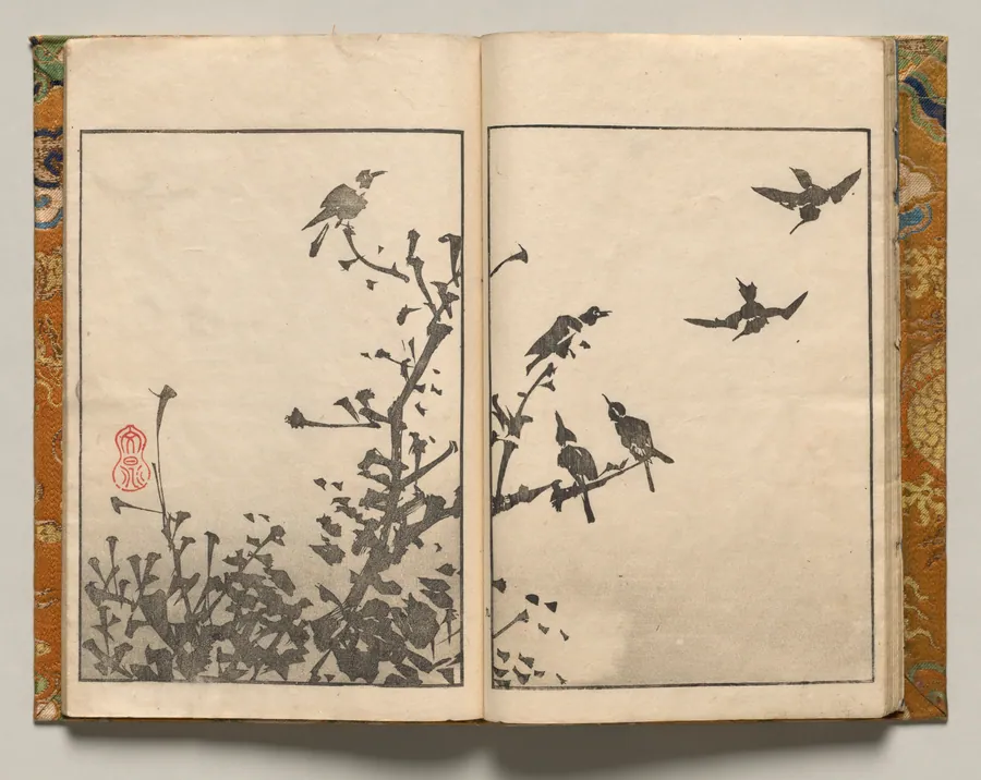 Birds in Branches, Design Nine from Shazanrō Picture Book by Tani Bunchō