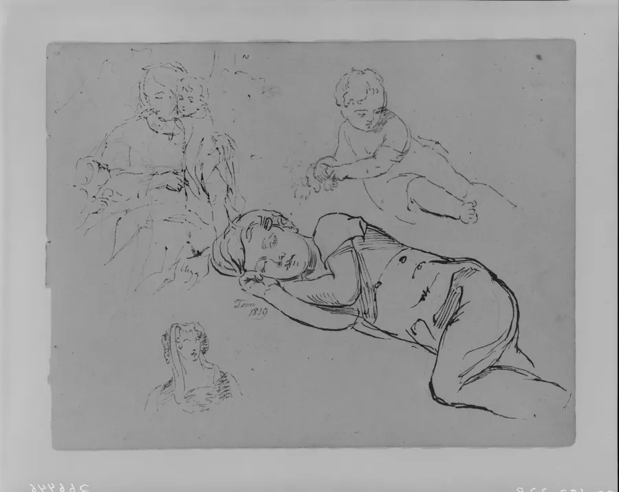 Portrait of Tom Sleeping, Woman Holding Two Children, Leaning Baby, Woman's Head (from Sketchbook) by Thomas Sully