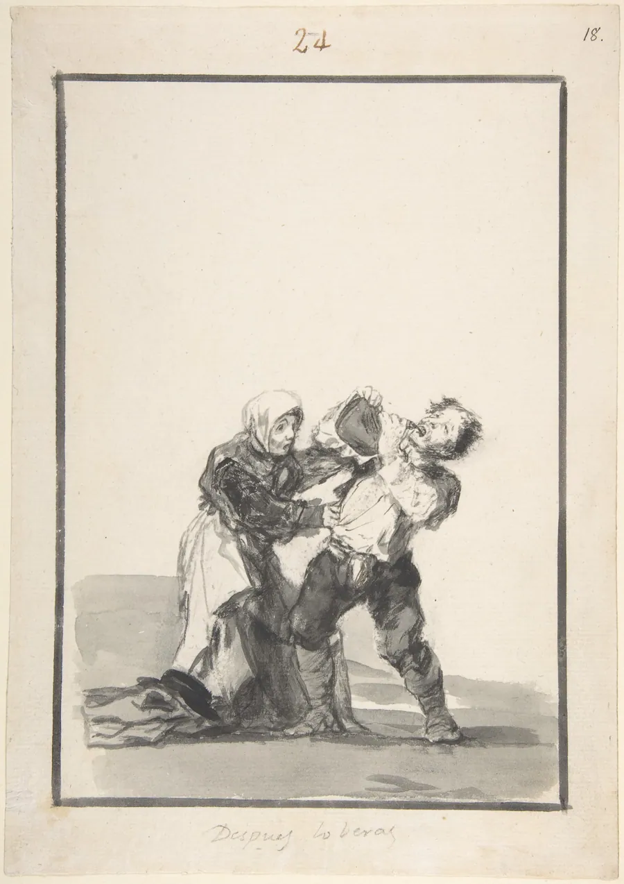 'You'll See Later'; a man drinking, a woman trying to stop him; page 24 from the Black Border Album (E) by Goya (Francisco de Goya y Lucientes)