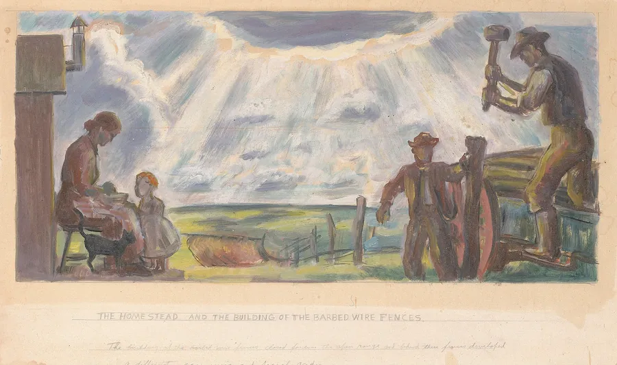 The Homestead and the Building of the Barbed Wire Fences (Mural Study for Interior Building, General Land Office, Washington, D.C.) by John Steuart Curry, born Dunavant, KS 1897-died Madison, WI 1946