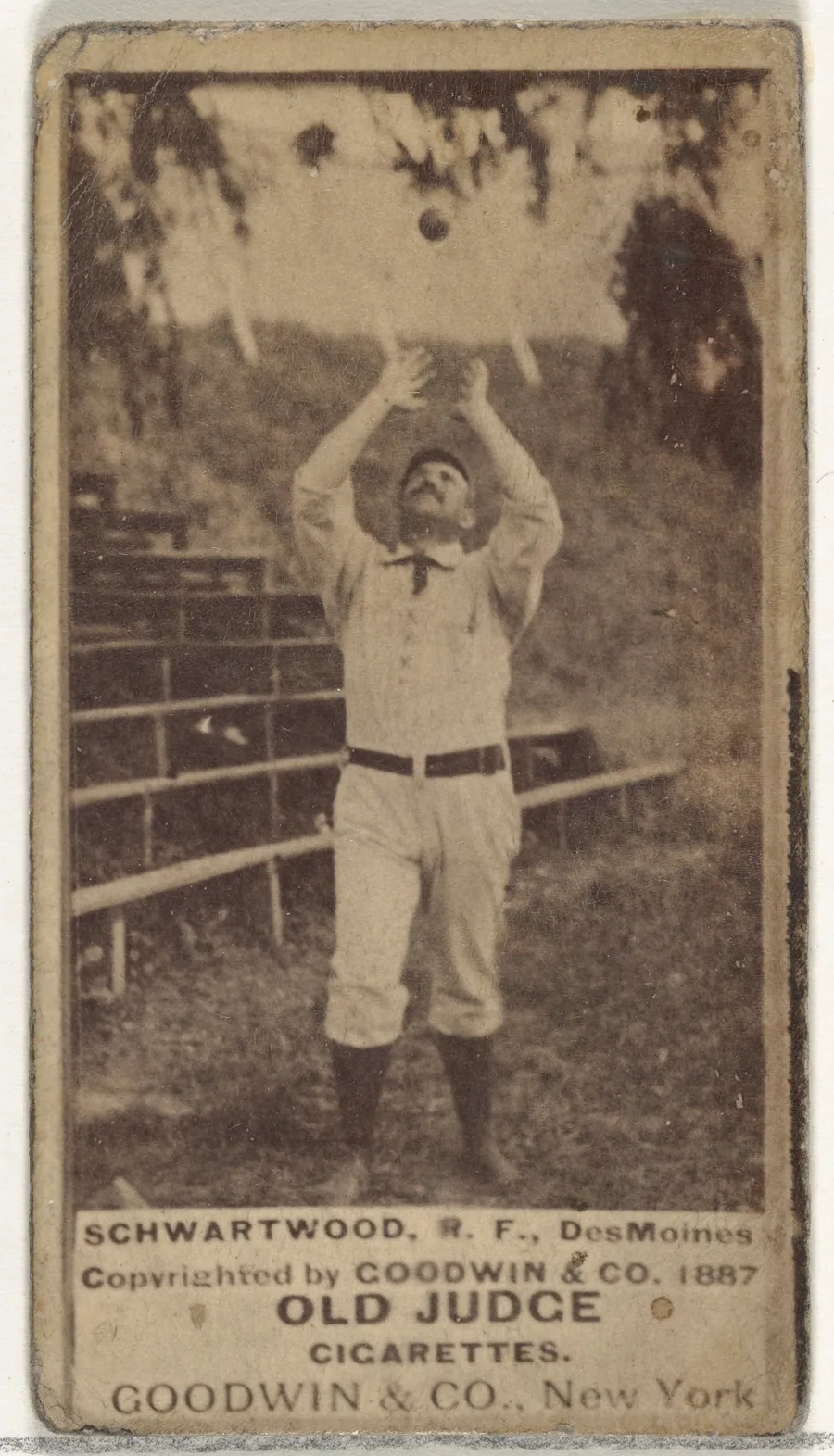 Schwartwood, Right Field, Des Moines Prohibitionists, from the Old Judge series (N172) for Old Judge Cigarettes by Goodwin & Company