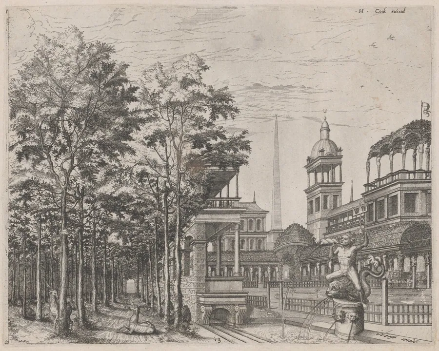 Landscape with Trees, Two Deer, and a Palace Courtyard by Lucas van Doetechum