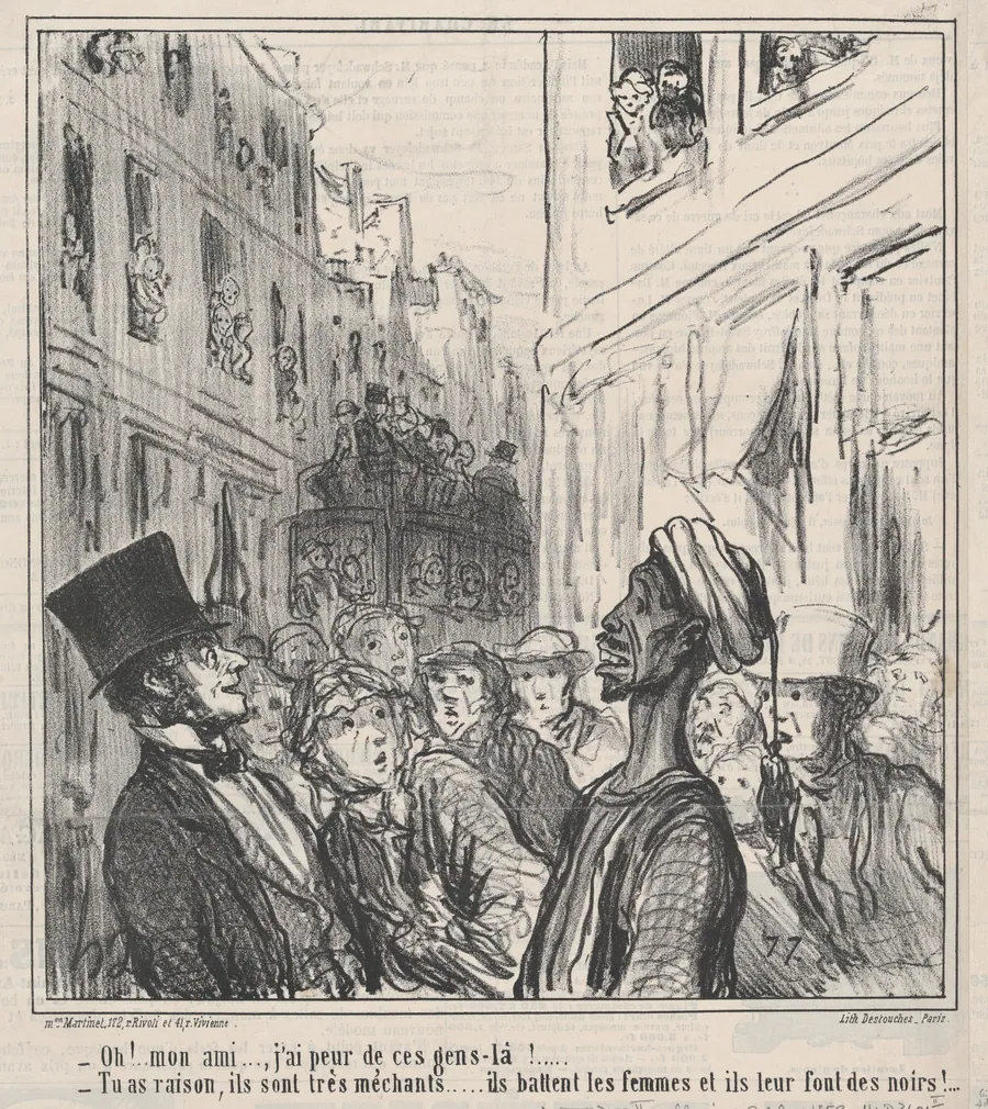 Oh! Mon ami...., j'ai peur de ces gens-là..., from Au Camp de Saint-Maur, published in Le Charivari, August 30, 1859 by Destouches