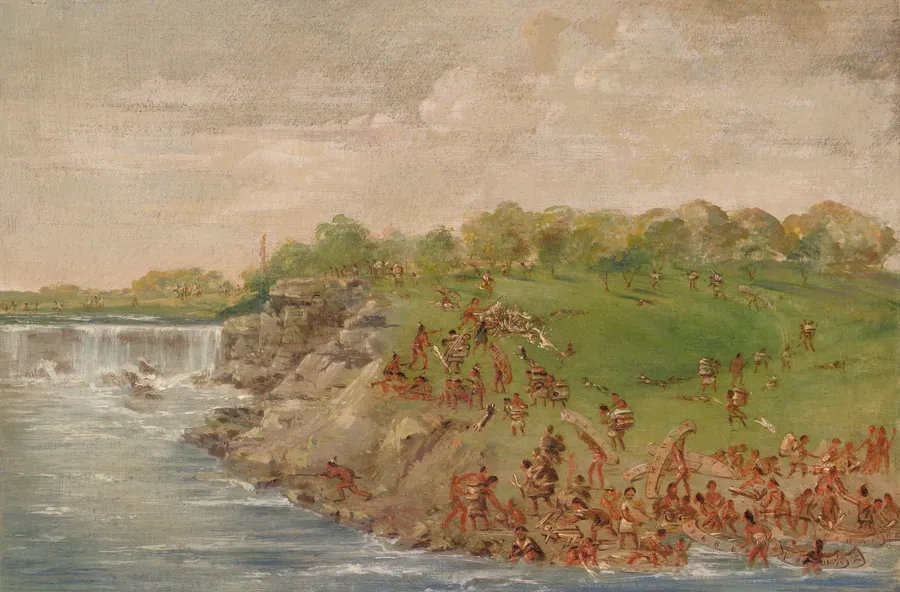 Ojibwa Portaging Around the Falls of St. Anthony by George Catlin, born Wilkes-Barre, PA 1796-died Jersey City, NJ 1872