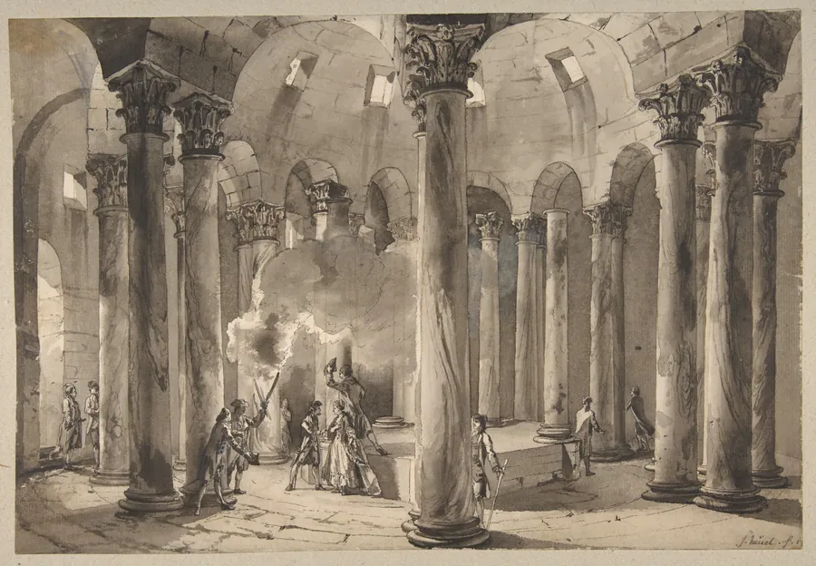 Visitors with Torches Inside a Circular Building by Jean Pierre Louis Laurent Hoüel