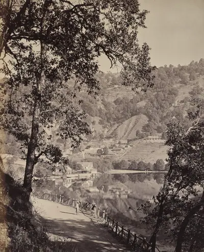 Hyree Lake. Hill Station in the Himmalayahs. View of the Taj Lake with Assembly Rooms, Lhutse