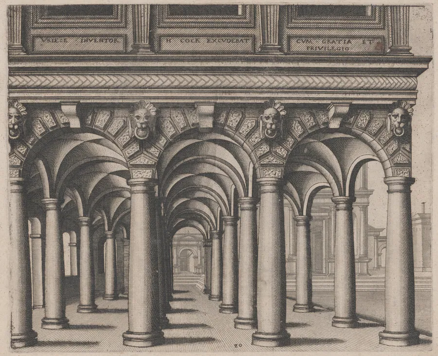 Open Hall Supported by Tuscan Columns with a Town Square on the Right by Lucas van Doetechum