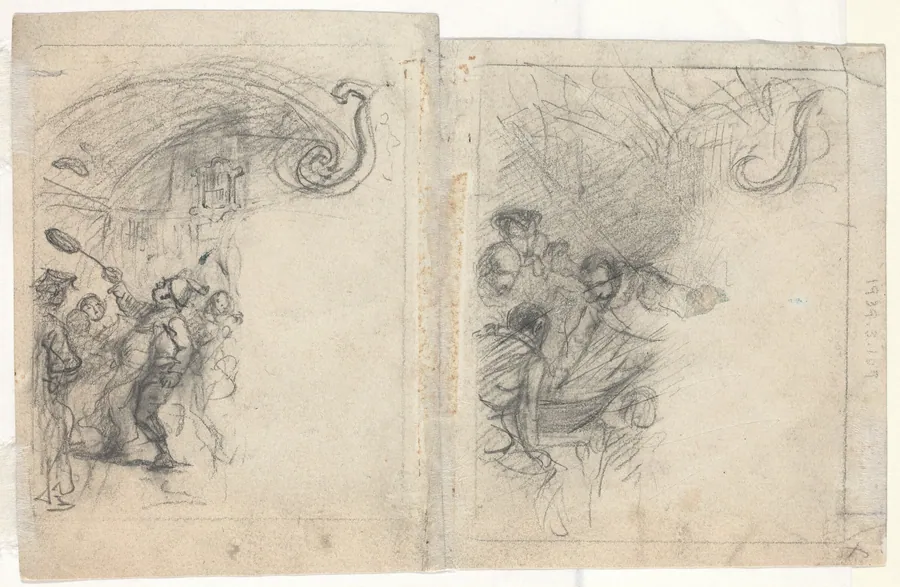 Chef Tossing Pancakes and Group of Four Men [verso] by Felix Octavius Carr Darley